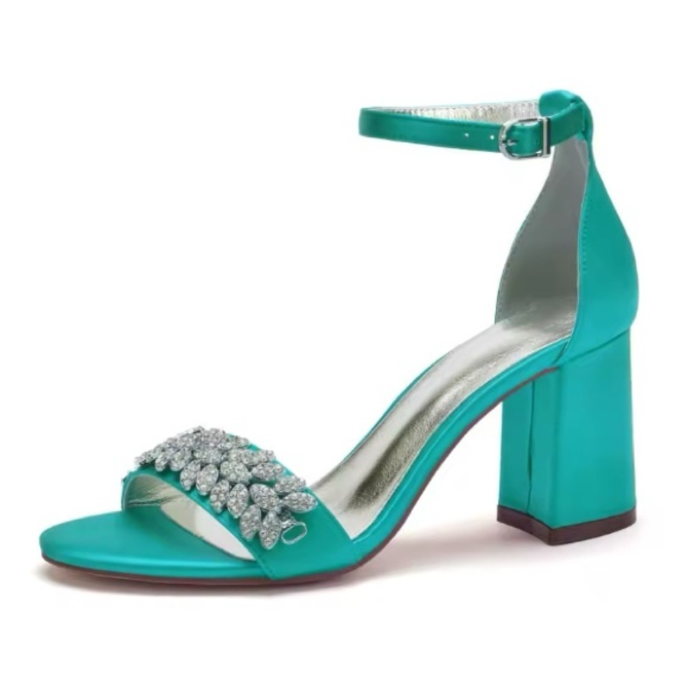 GORGEOUS! Satin Heels with crystals three inch block heel